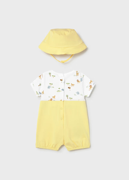 Mayoral 1607 Newborn Boy Romper with Hat and Faux Dungaree
