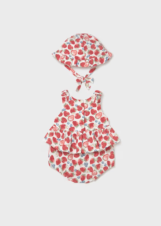 Mayoral 1632 Newborn Girl Strawberry Printed Romper with Hat Set