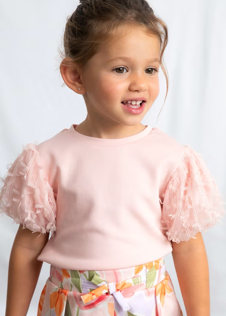 Mayoral 3001 Girl Pink Tulle Puff Sleeve T-shirt