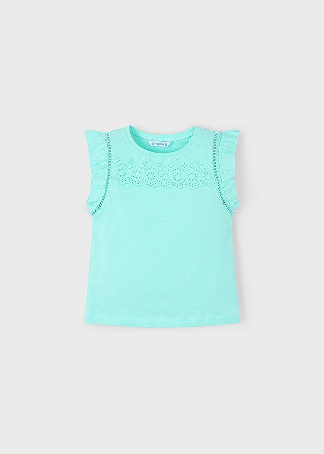 Aqua Eyelet Yoke Ruffle Sleeve Tank