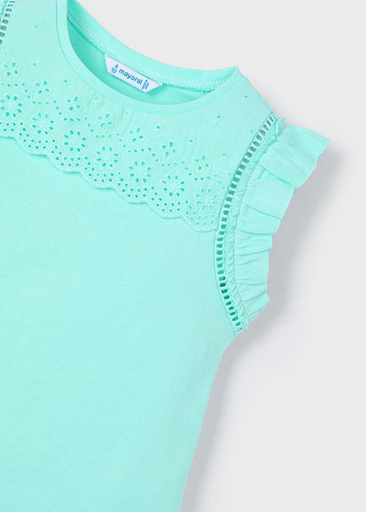 Aqua Eyelet Yoke Ruffle Sleeve Tank