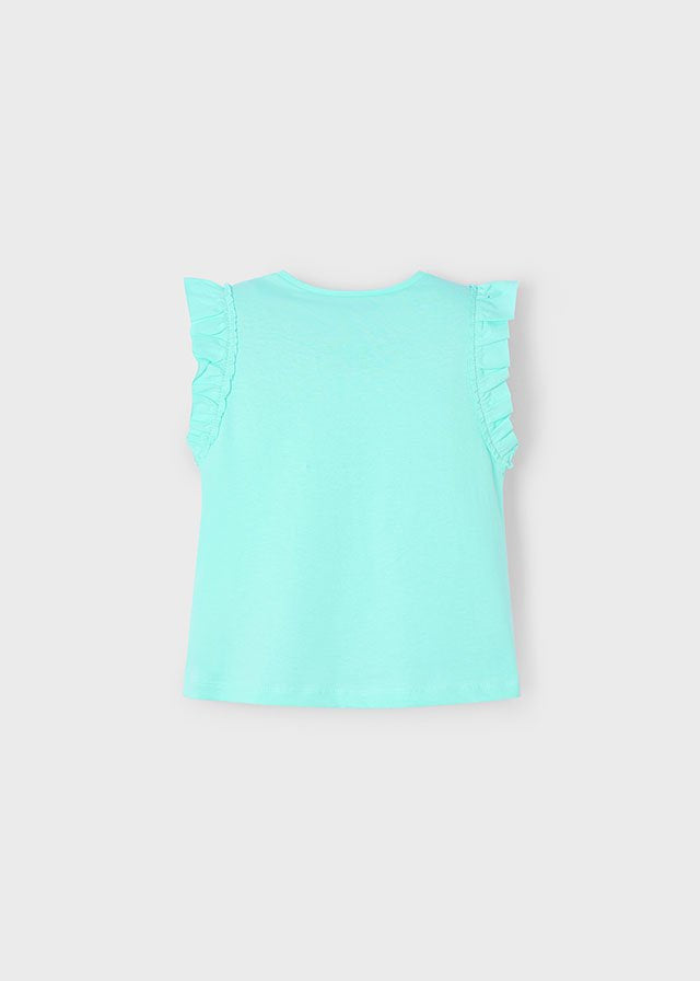 Aqua Eyelet Yoke Ruffle Sleeve Tank