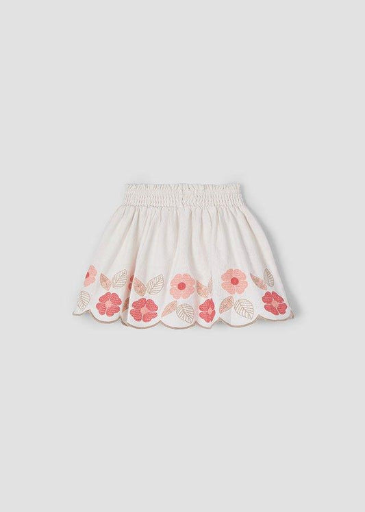 Natural Skirt with Coral Embroidered Flowers
