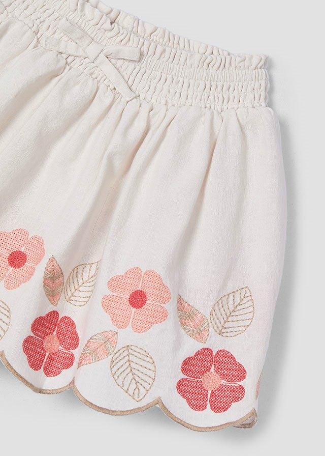 Natural Skirt with Coral Embroidered Flowers