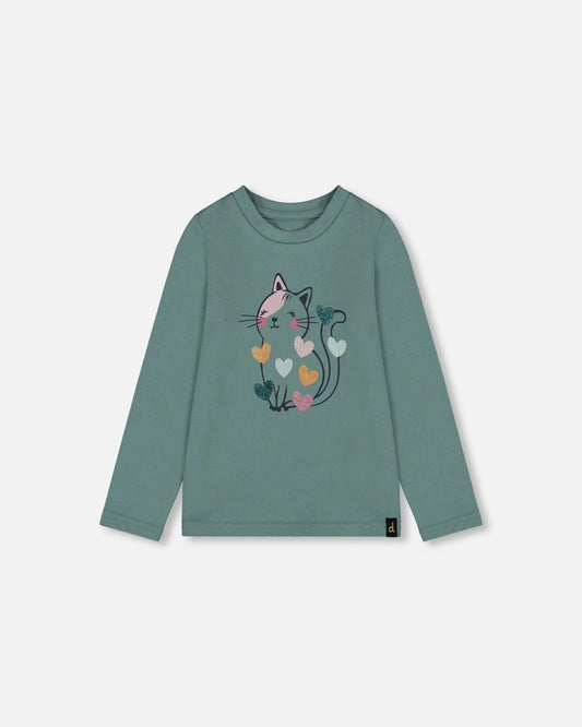 Organic Cotton T-Shirt Sage With Cat