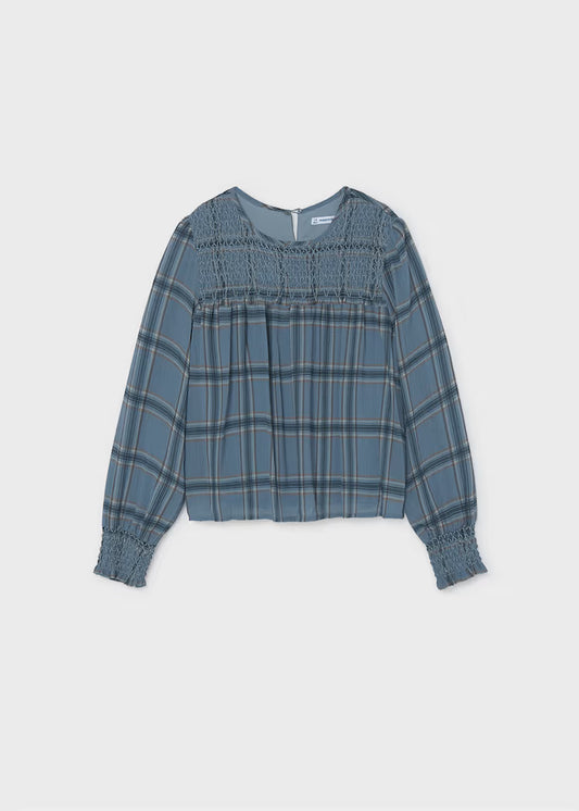 Mayoral 7121 Smocked Chiffon Blouse Blue Plaid