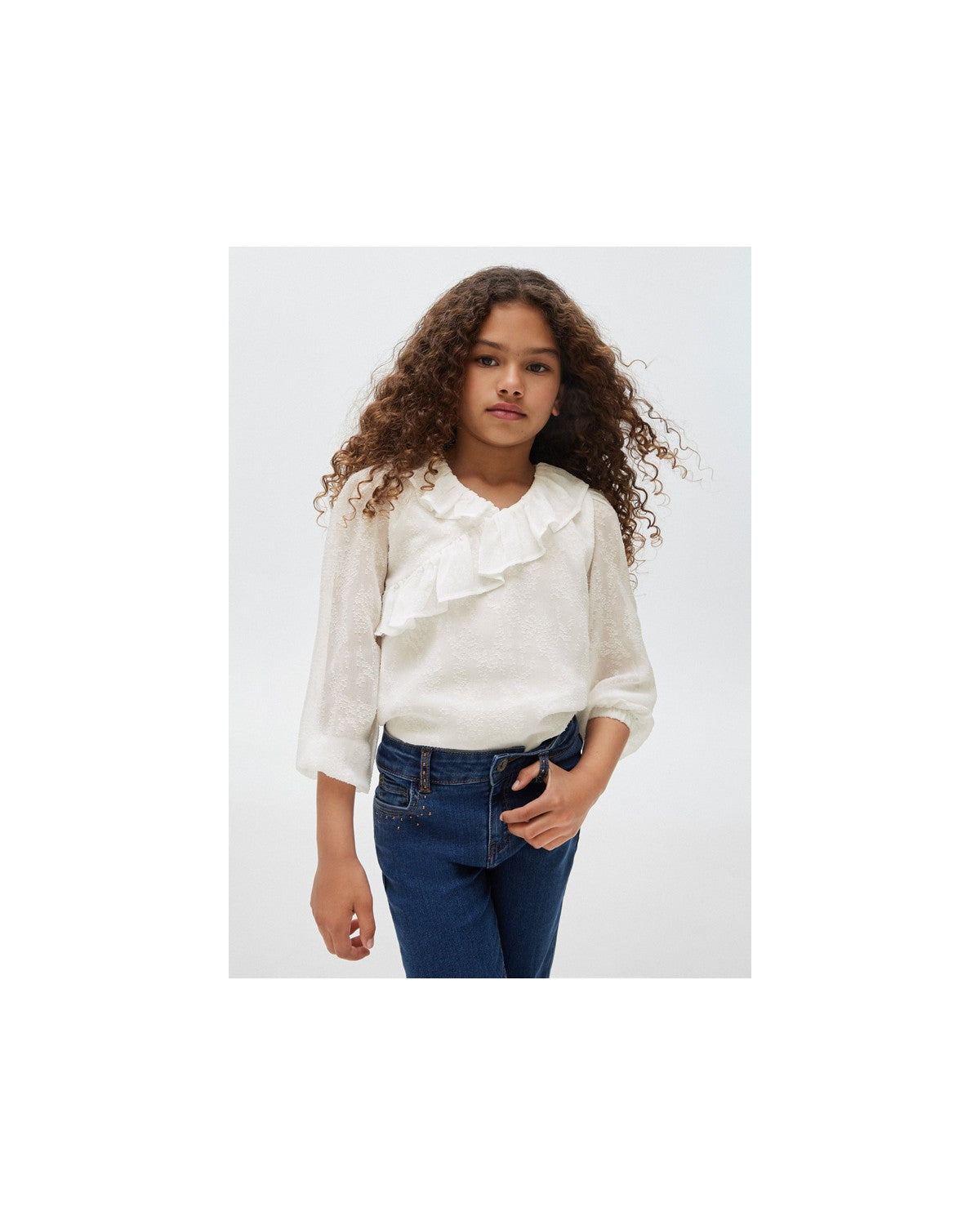 White Cross Over Ruffle Collar Blouse