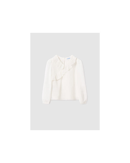 White Cross Over Ruffle Collar Blouse