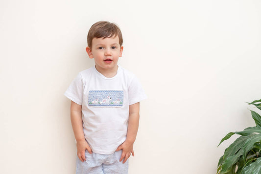 Blue Seersucker Bunnies Smocked Shirt and Boy Shorts Set