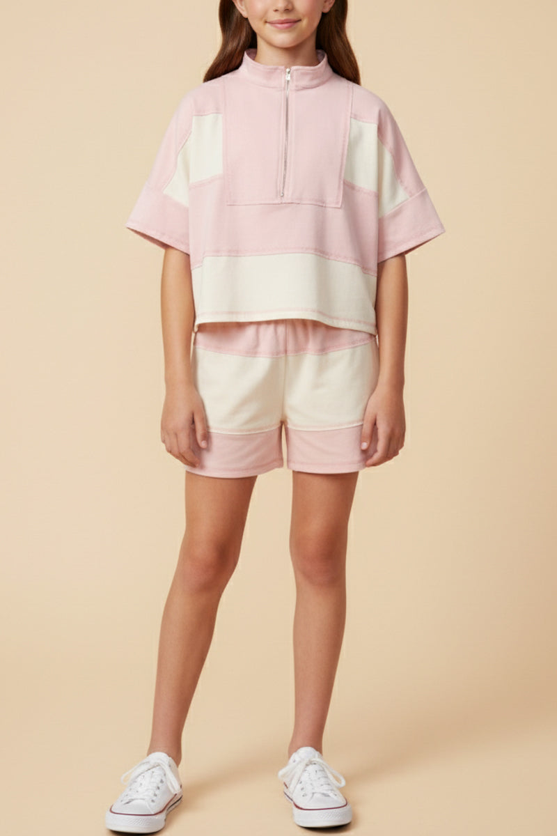 Girls Colorblock Stripe Elastic Waist Shorts