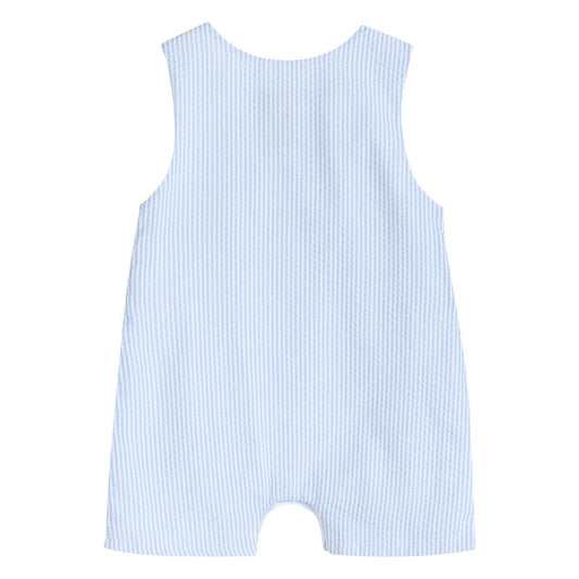 Blue Seersucker Bunnies Smocked Shortall