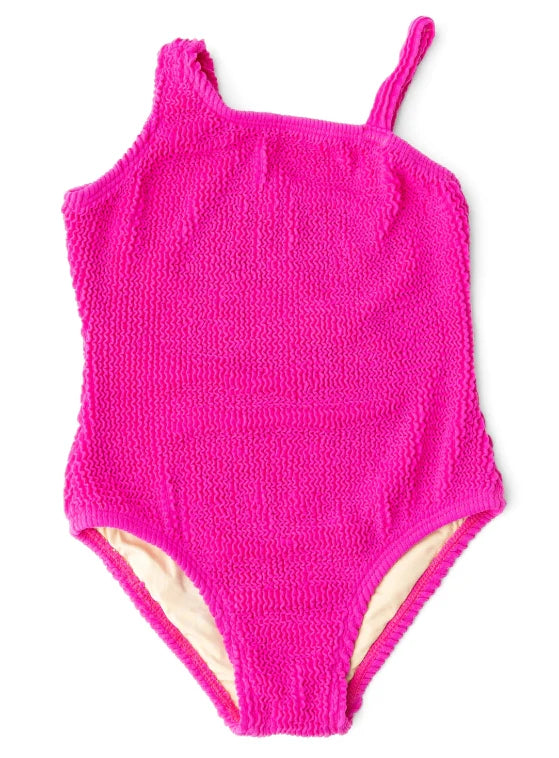 Berry Girls Crinkle Textured One Shoulder One Piece Swimsuit