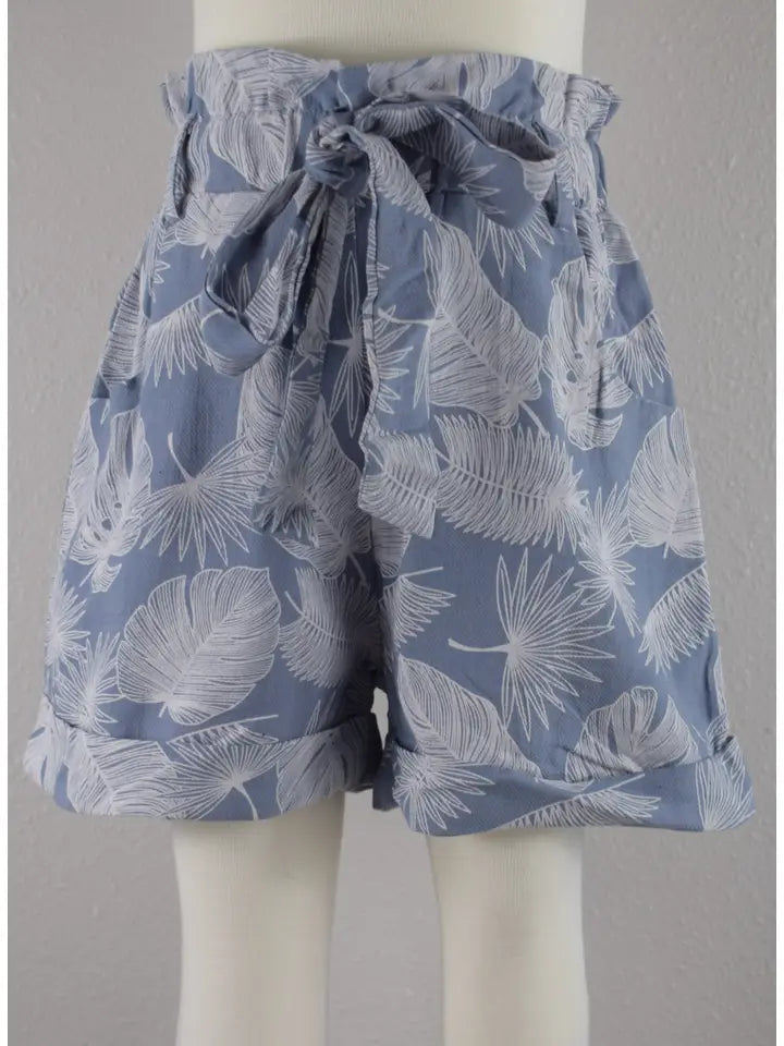 Blue Leaf Print Shorts