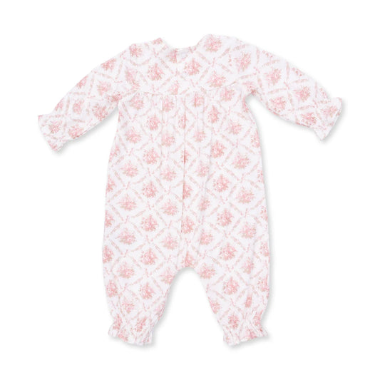 Rose Bow Lattice Smocked Long Sleeve Romper