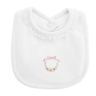 Bows And Roses Hand-embroidered Pima Bib With Lace Trim – White