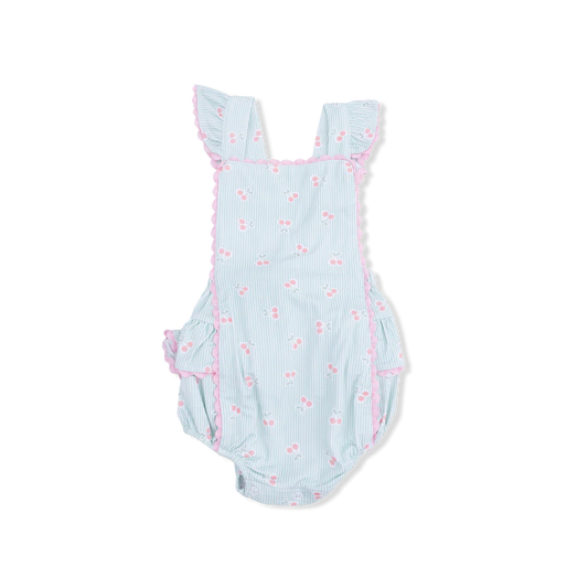 Tiny Cherry Stripe Ric Rac Ruffle Sunsuit