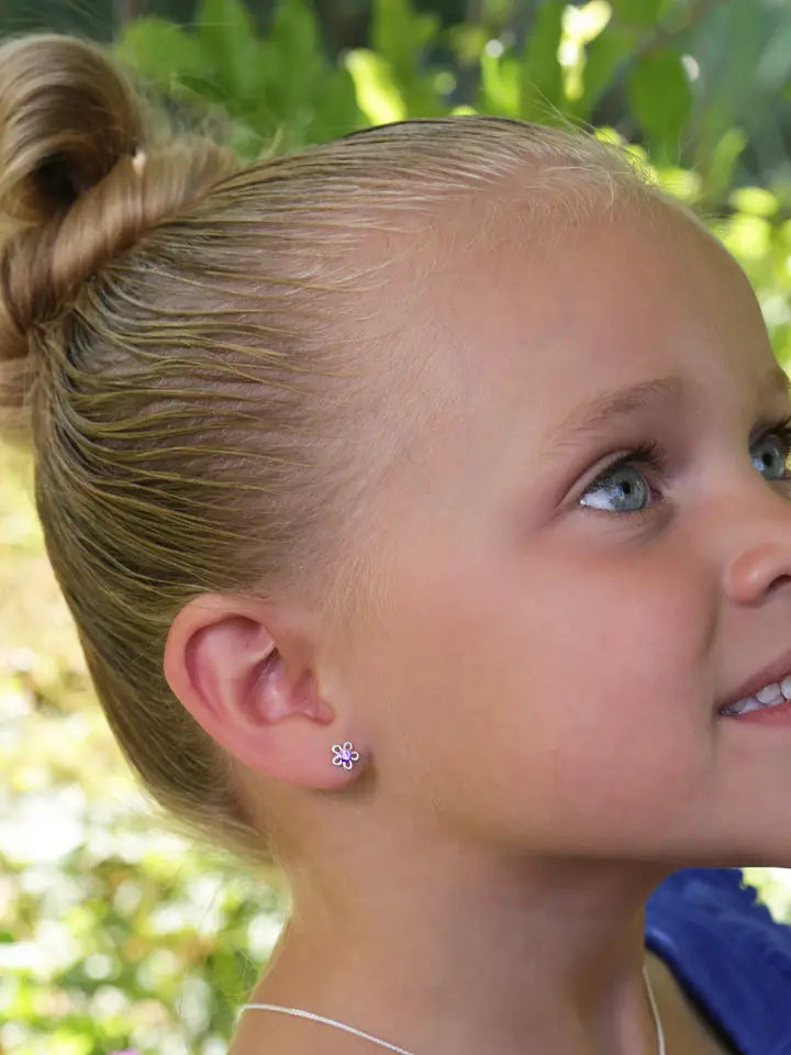 Sterling Silver Kids Screw-Back Outline Daisy Earrings Clear