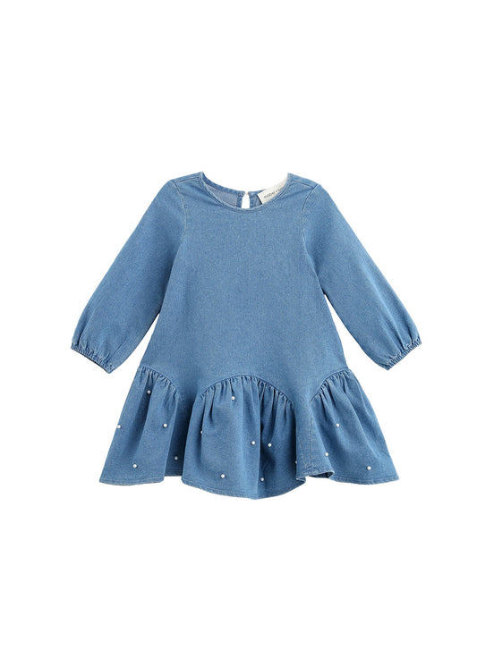 Denim Doll Long Sleeve Solid Pearl Embellished Dropwaist Dress
