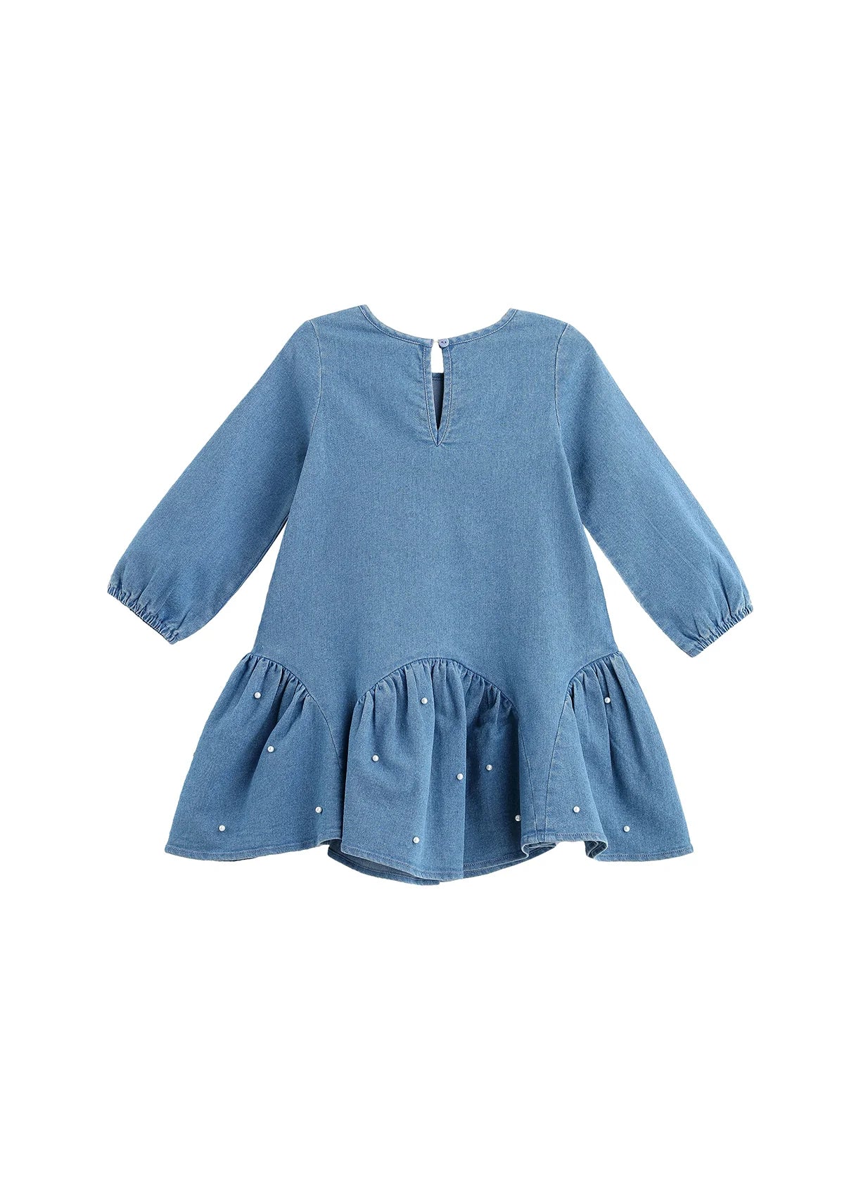 Denim Doll Long Sleeve Solid Pearl Embellished Dropwaist Dress