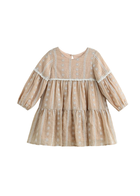 Patricia Long Sleeve Floral Embroidered Lace Trim Tiered Dress
