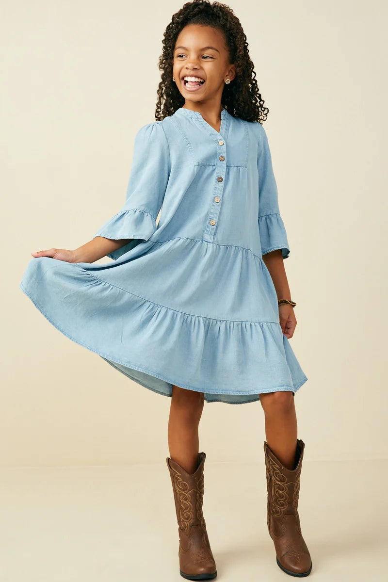 Hayden Girls Washed Button Detail Ruffle Sleeve Tencel Dress- Light Denim