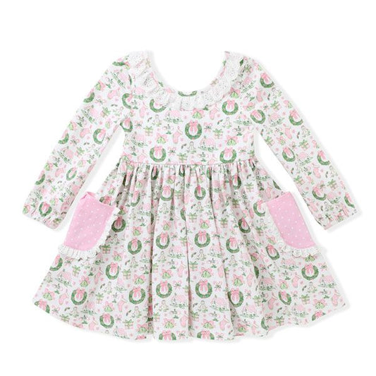 Holiday Wreath Eyelet Trim Pocket Dress