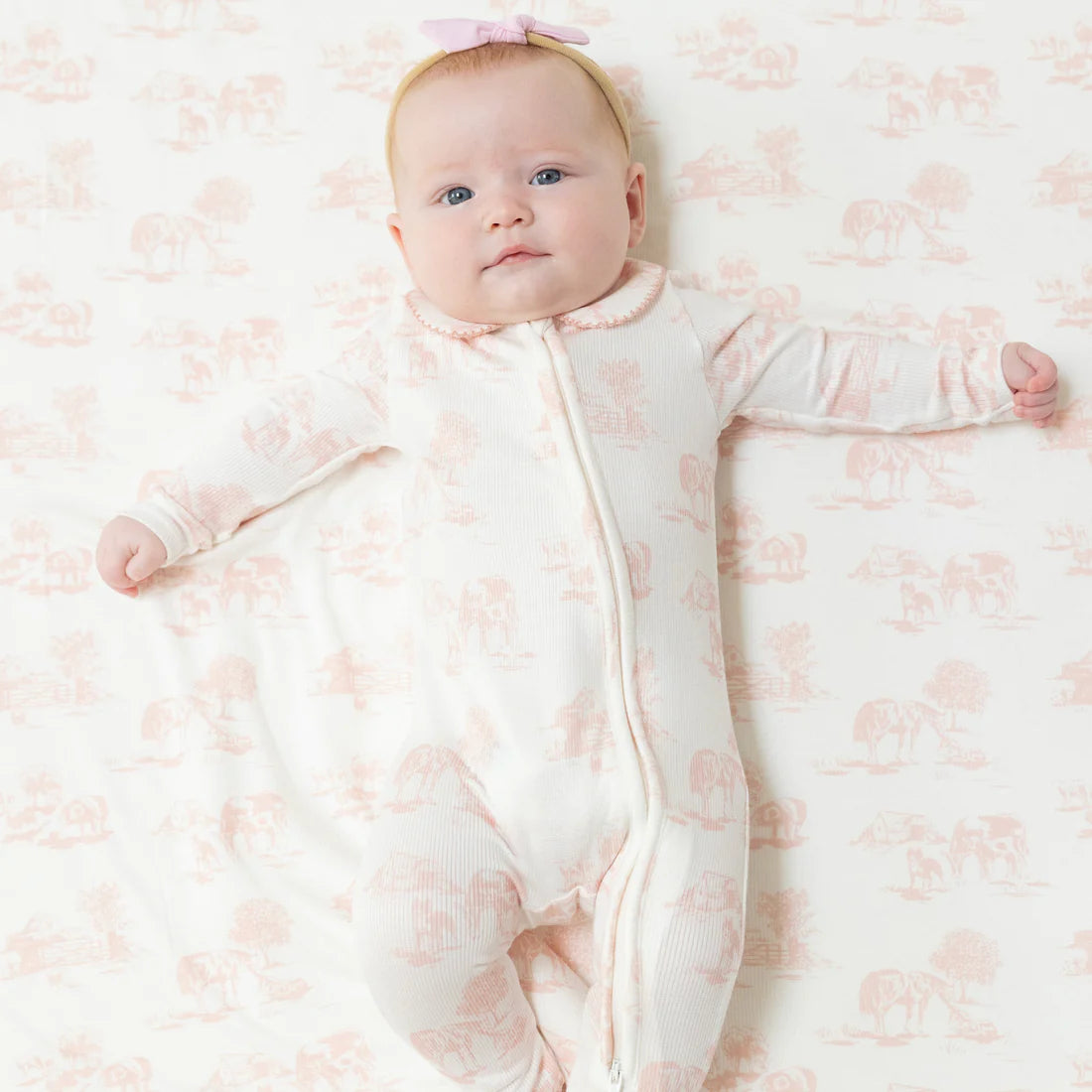 Farm Toile - Pink Peter Pan 2 Way Zipper Footie