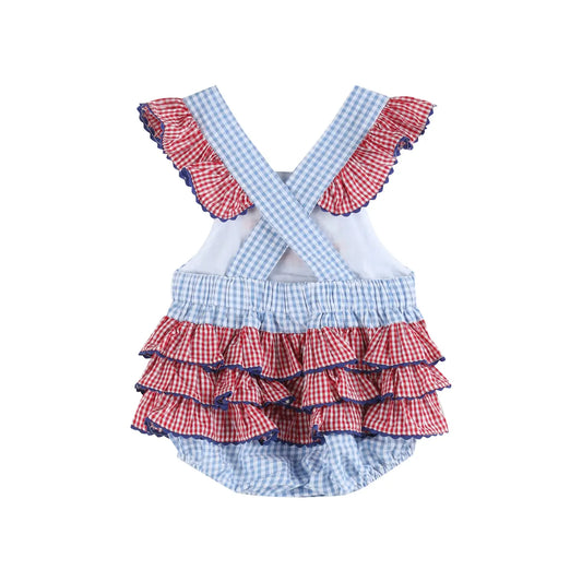 Light Blue and Red Gingham USA Flag Ruffle Romper