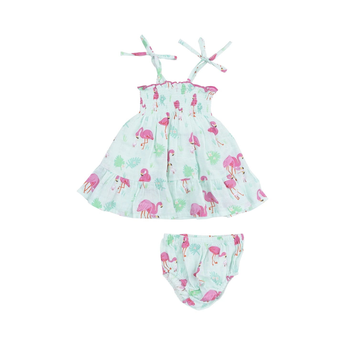 Tie Strap Smocked Sun Dresss and Diaper Cover - Flamingos