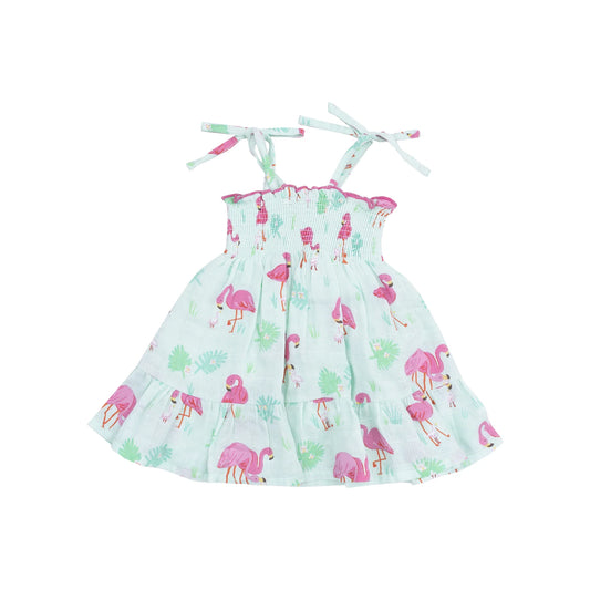 Tie Strap Smocked Sun Dresss and Diaper Cover - Flamingos