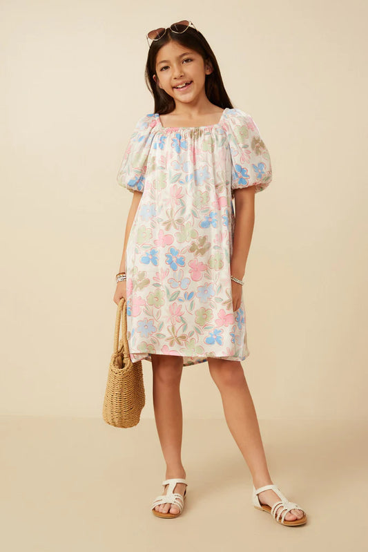 Floral Puff Sleeved Foiled Dress