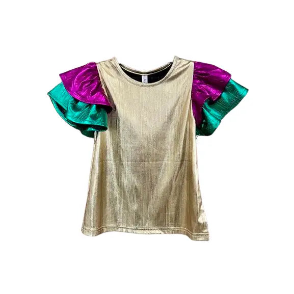 Mardi Gras Metallic Tiered Ruffle Sleeve Top