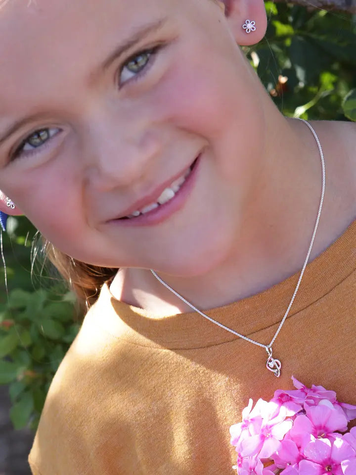 Sterling Silver Kids Screw-Back Outline Daisy Earrings-Pink