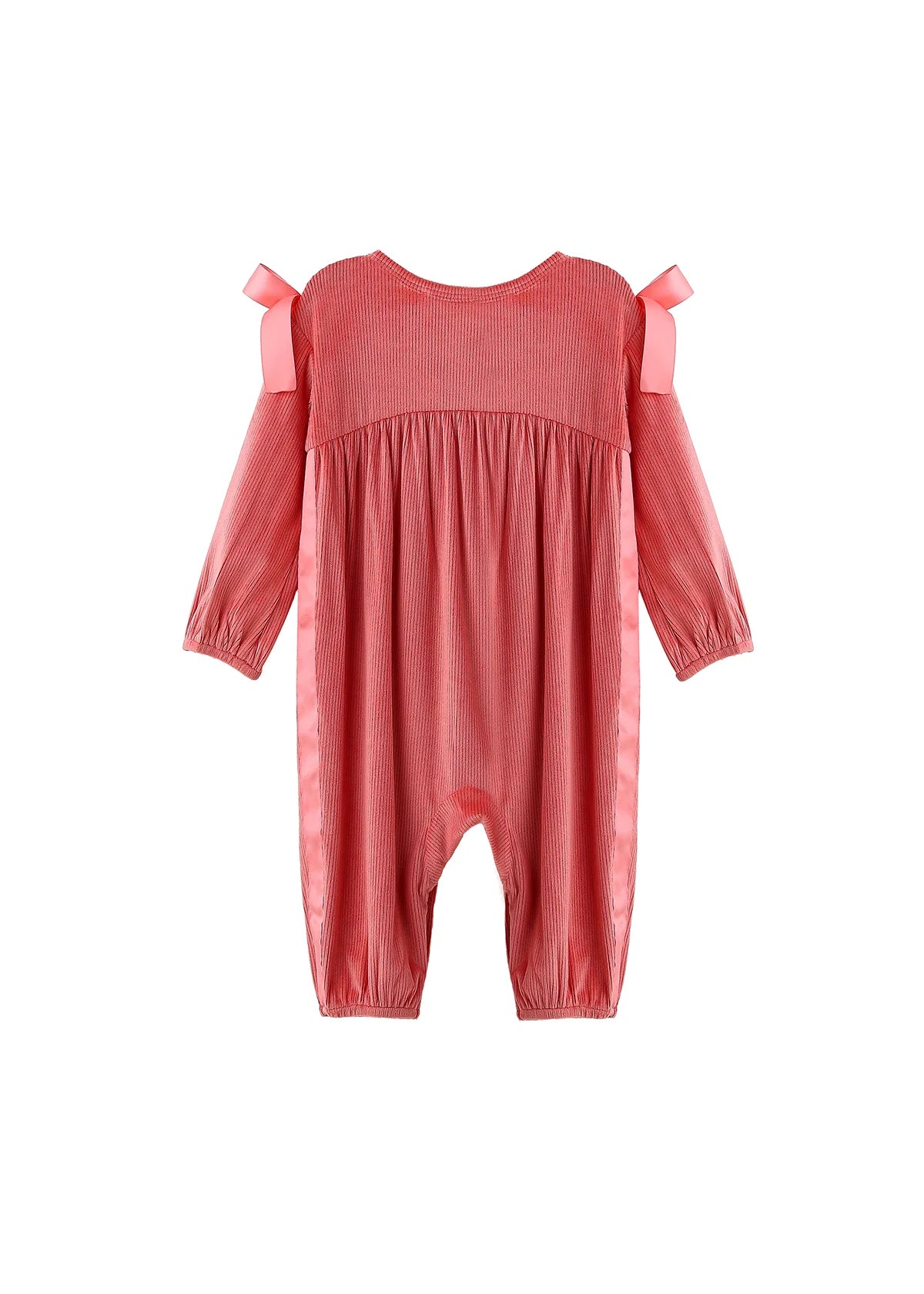 Poppy Rose Long Sleeve Solid Ribbed Bow Tie Bubble Romper