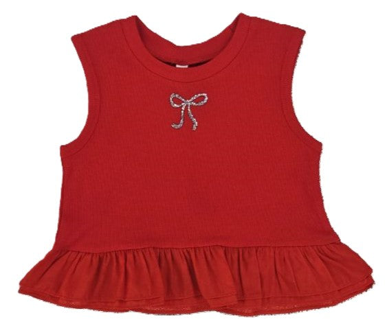 Red Summer Ribbed Ruffle Tank