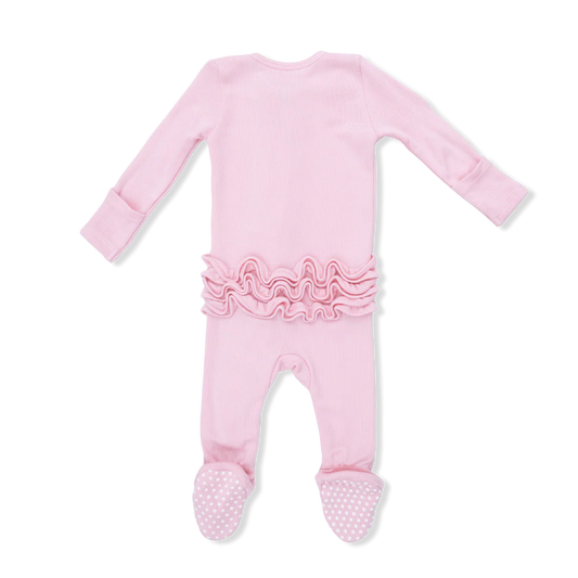 Solid Romance Rose Rib 2 Way Ruffle Front Zipper Footie