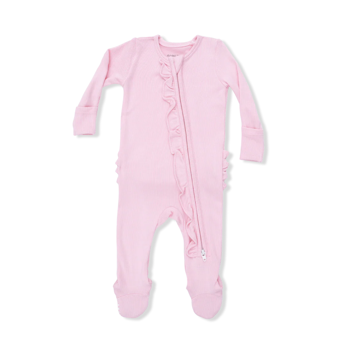 Solid Romance Rose Rib 2 Way Ruffle Front Zipper Footie
