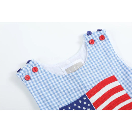 Blue Gingham American Flag Pocket Shortalls
