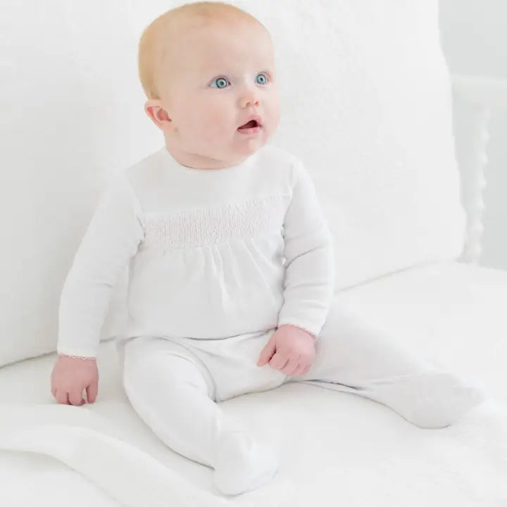 Essentials White with Pink Trim Smocked Footie