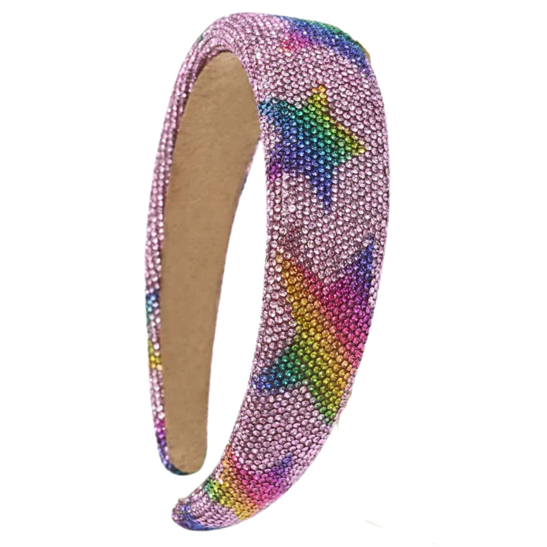 Rhinestone Star Headband-Pink with Rainbow Stars