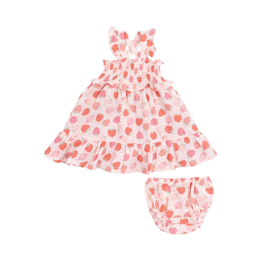Smocked Ruffle Sundress & Diaper Cover - Strawberry Bliss