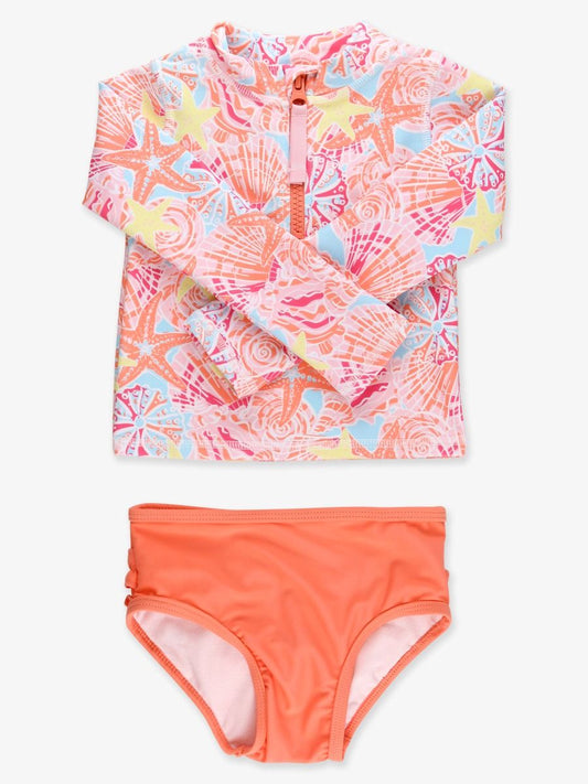 Sunset Seashells Long Sleeve Zipper Rash Guard 2-Piece Swimsuit, with Signature Rear Ruffles