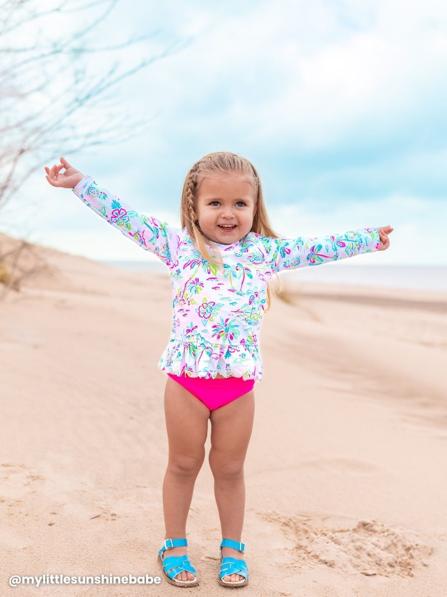 Tropical Resort Scallop Hem Long Sleeve Rash Guard 2-Piece, with Signature Rear Ruffles