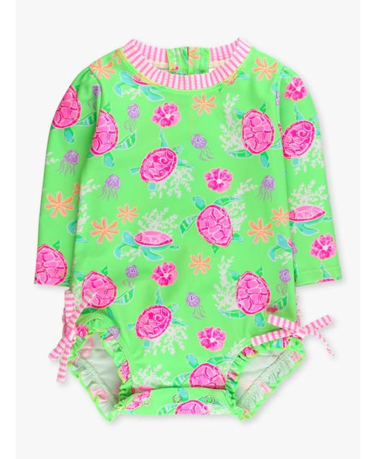 Neon Turtle Tide Long Sleeve One Piece Rash Guard Swimsuit, with Signature Rear Ruffles