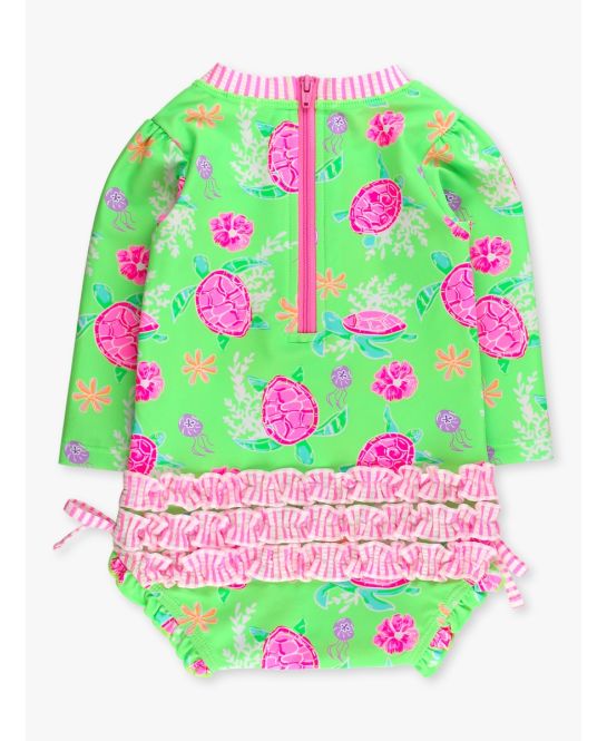 Neon Turtle Tide Long Sleeve One Piece Rash Guard Swimsuit, with Signature Rear Ruffles
