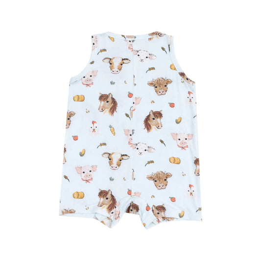 Sleeveless Shortie Romper - Vintage Animals Faces Blue