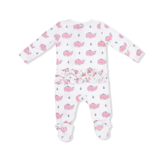 Bubbly Whale with Bow Pink 2 Way Ruffle Back Zipper Footie