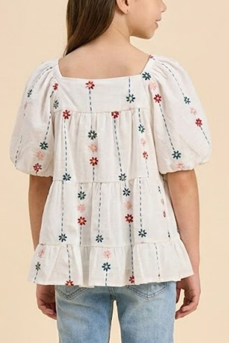 Floral Embroidered Puff Sleeve Tiered Top