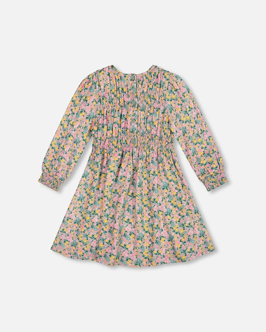 Smocked Viscose Dress Green With Floral Print
