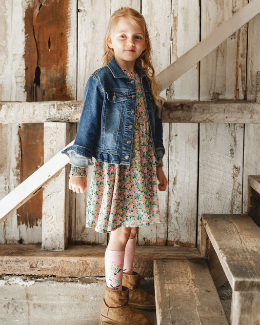 Smocked Viscose Dress Green With Floral Print
